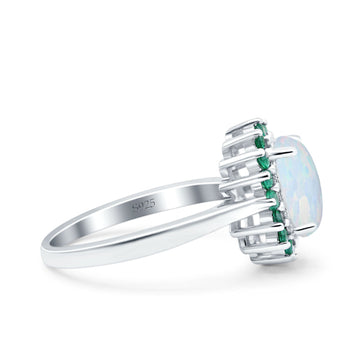 Oval Art Deco Wedding Ring Simulated Green Emerald Lab Created White Opal 925 Sterling Silver